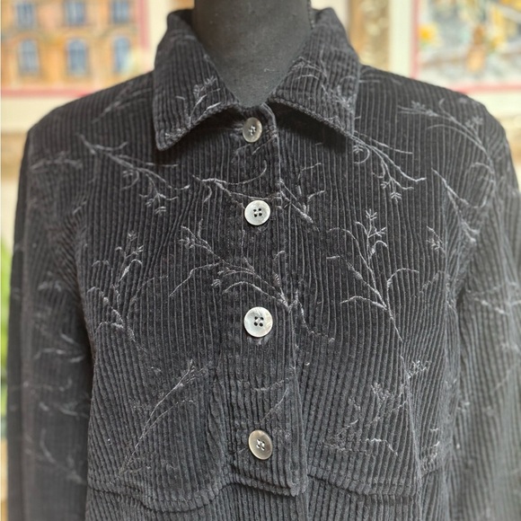 J.JILL BLACK RIBBED CORDUROY SILVER EMBROIDERED BUTTON DOWN DRESS TUNIC SZ MP - Picture 2 of 7
